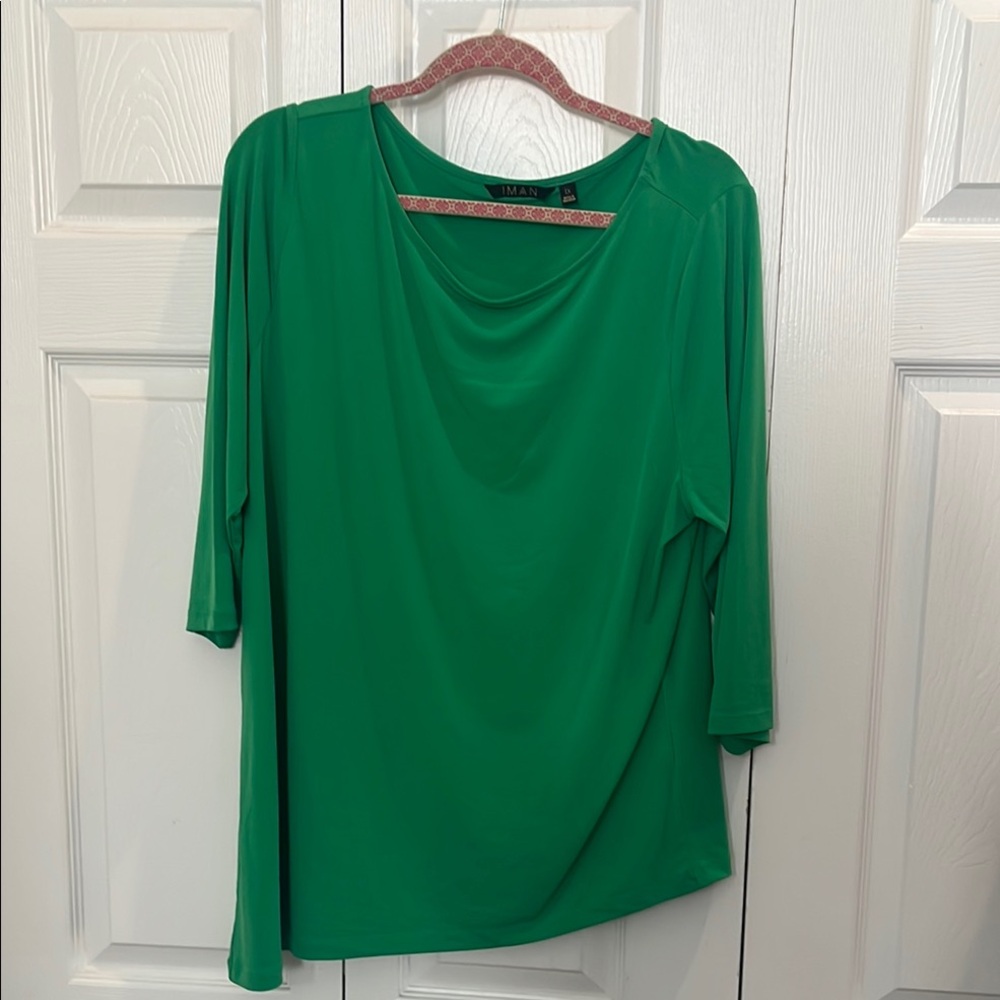 IMAN Green Relaxed Blouse with Draped Neckline